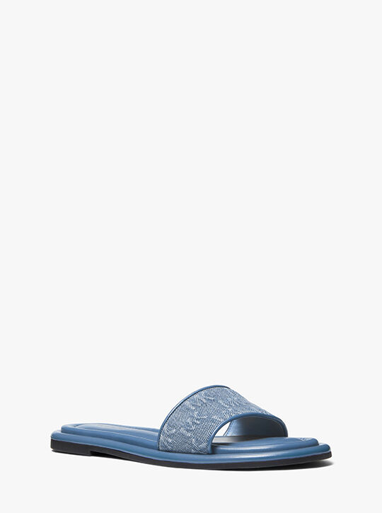 Dana Logo Embossed Denim Slide Sandal michael kors dana logo embossed denim slide sandal