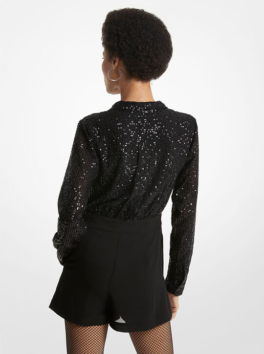 Pinstripe Sequined Chiffon and Woven Tie-Neck Romper michael kors pinstripe sequined chiffon and woven tie neck romper