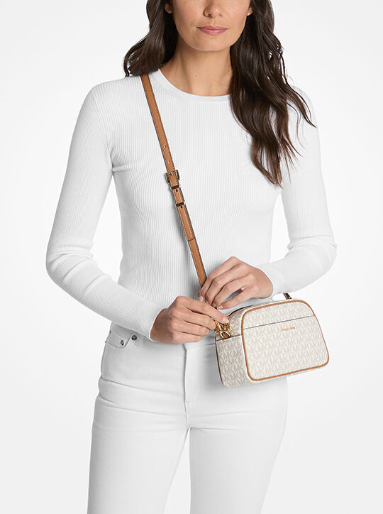 michael kors jet set small signature logo camera crossbody bag