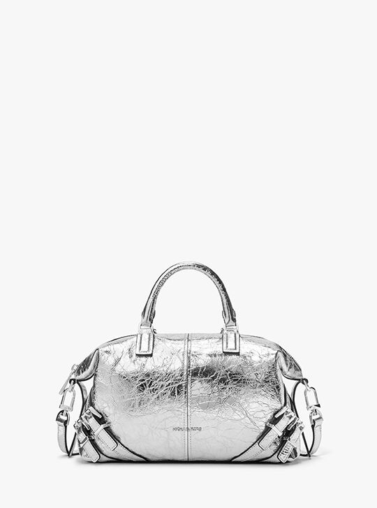 Darrington Metallic Small Crackled Leather Satchel, SILVER