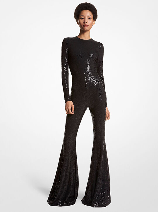 Hand-Embroidered Sequin Stretch Jersey Flared Jumpsuit michael kors hand embroidered sequin stretch jersey flared jumpsuit