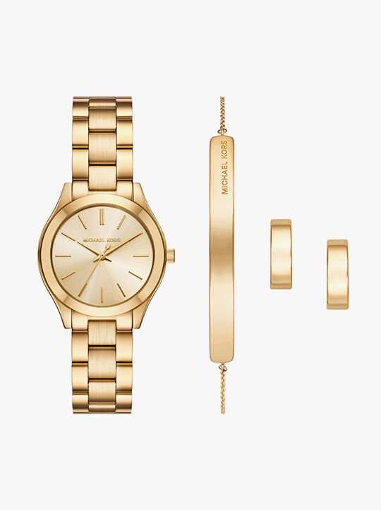 michael kors slim runway three hand gold tone watch gift set