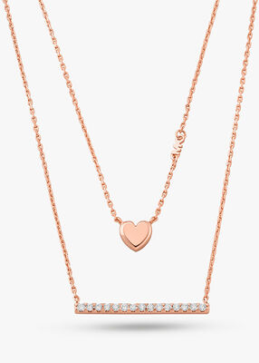 michael kors precious metal plated sterling silver double heart and pav  bar necklace