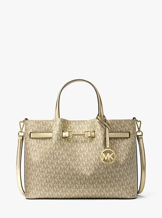 Carson Medium Metallic Signature Logo Satchel michael kors carson medium metallic signature logo satchel