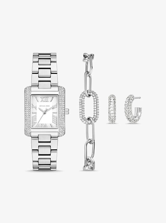 Petite Emery Silver-Tone Watch and Jewelry Gift Set michael kors petite emery silver tone watch and jewelry gift set