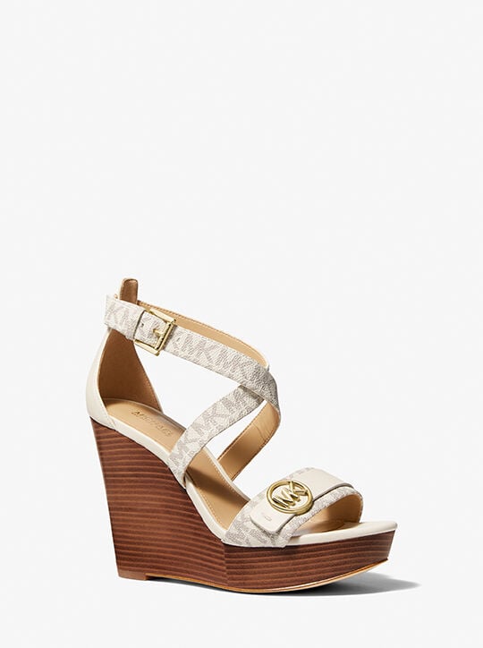 Carmen Logo and Faux Leather Wedge Sandal michael kors carmen logo and faux leather wedge sandal
