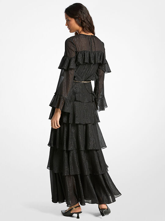 michael kors فستان جورجيت مخطط معدني مع كشكشة