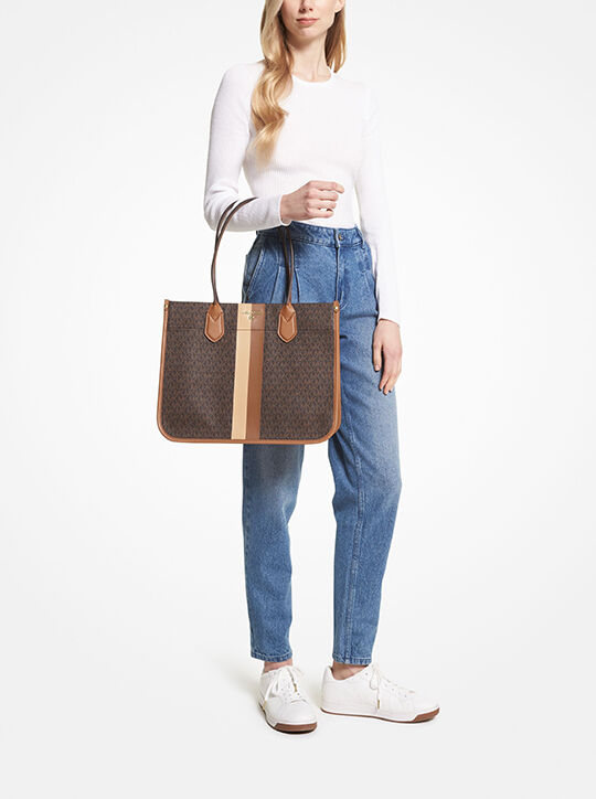 Heidi Large Signature Logo Stripe Tote Bag michael kors heidi large signature logo stripe tote bag