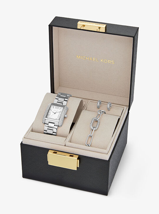 Petite Emery Silver-Tone Watch and Jewelry Gift Set michael kors petite emery silver tone watch and jewelry gift set