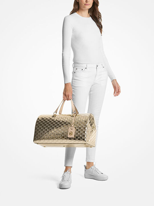 michael kors grayson extra large logo embossed patent weekender bag