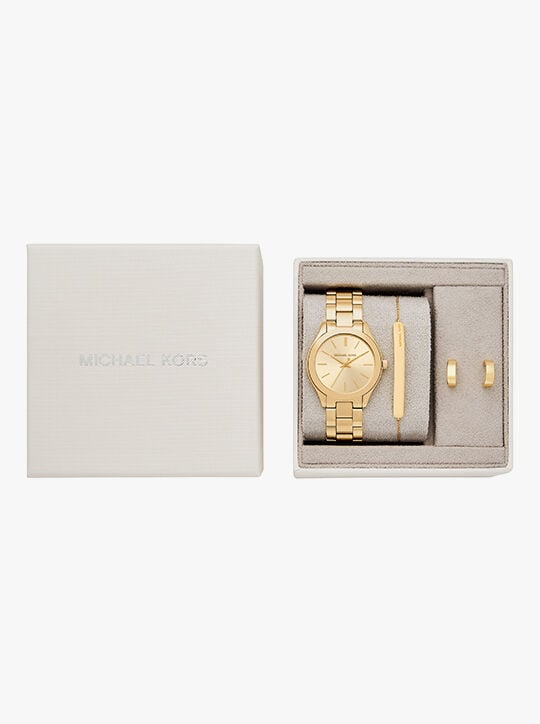 michael kors slim runway three hand gold tone watch gift set