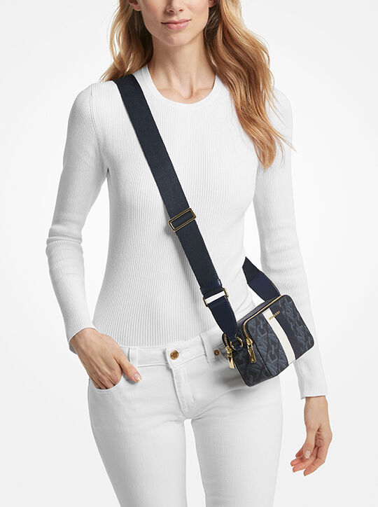 michael kors jet set small empire signature logo stripe double zip camera bag