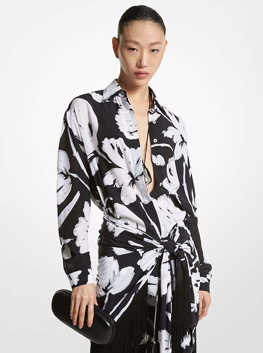 michael kors brushstroke floral silk crepe de chine boyfriend shirt
