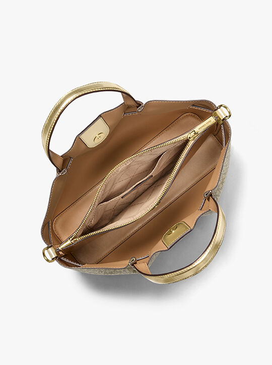 Carson Medium Metallic Signature Logo Satchel michael kors carson medium metallic signature logo satchel