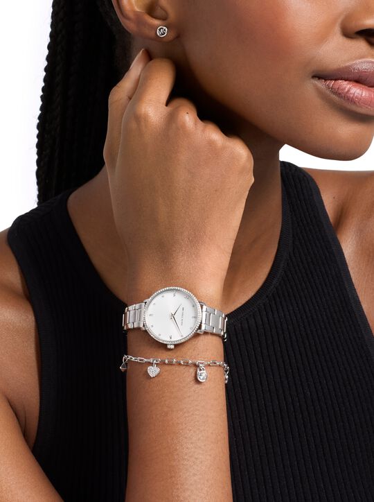 michael kors mini pyper pav  silver tone watch and jewelry gift set