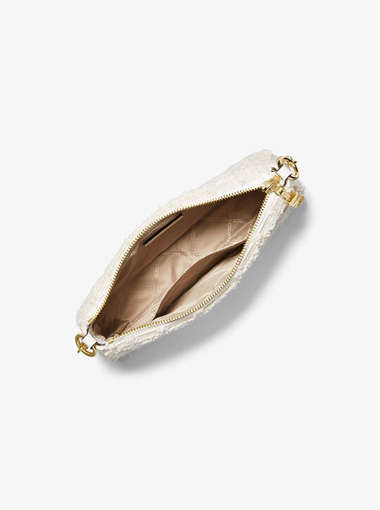 michael kors empire medium frayed denim chain link pochette