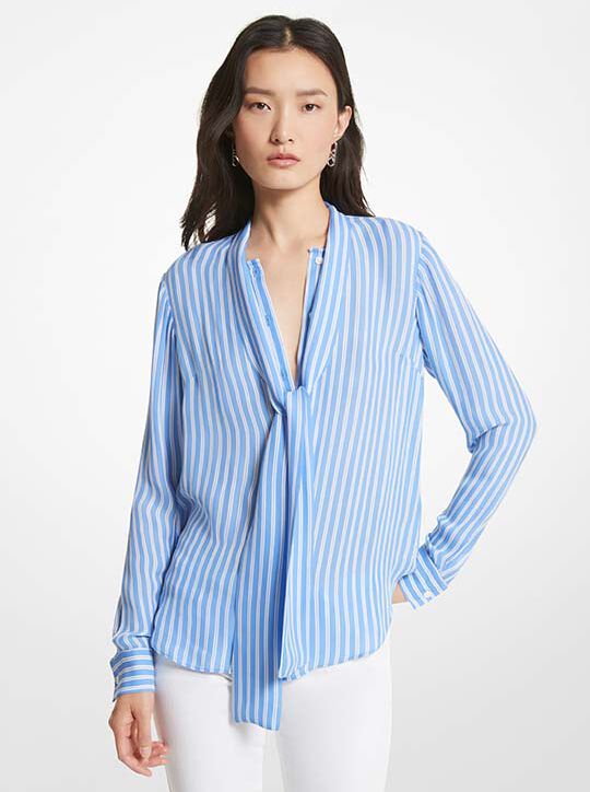 Striped Georgette Tie-Neck Blouse michael kors striped georgette tie neck blouse