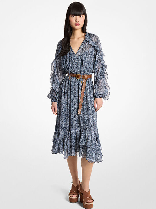 michael kors فستان ميدي من قماش الجورجيت مكشكش بنقشة زهور معدنية وحزام