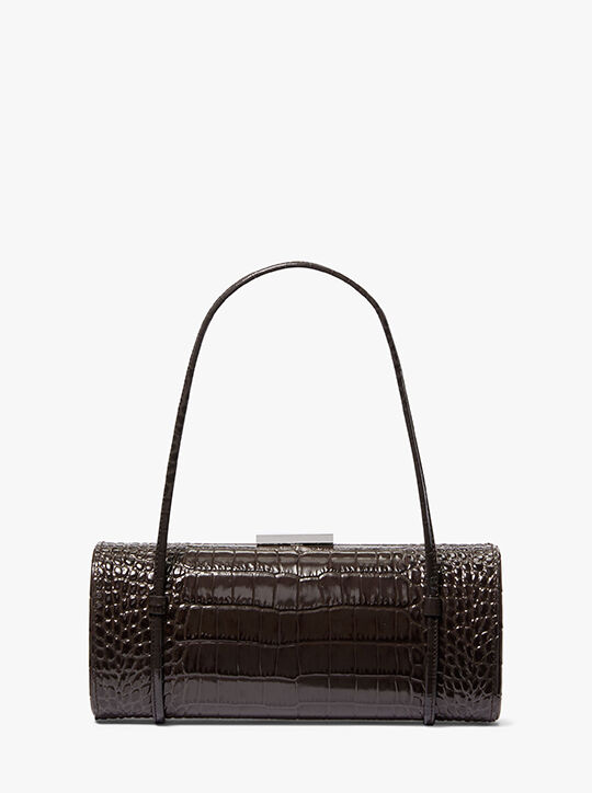 michael kors natalie crocodile embossed patent leather barrel bag