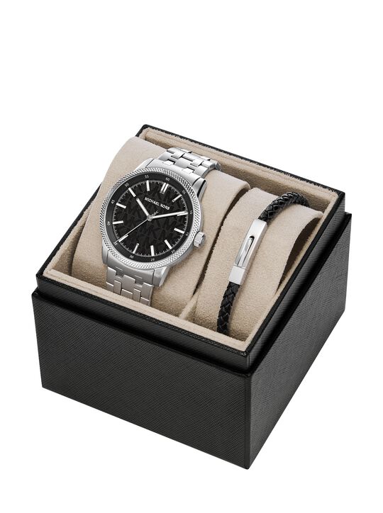 Oversized Wolfe Silver-Tone Watch and Bracelet Set michael kors oversized wolfe silver tone watch and bracelet set