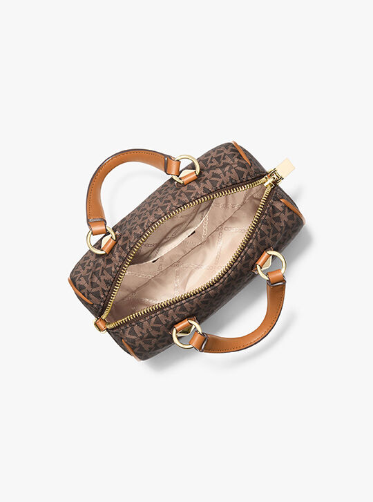 Grayson Small Logo Print Woven Duffel Crossbody Bag, BRN/ACORN