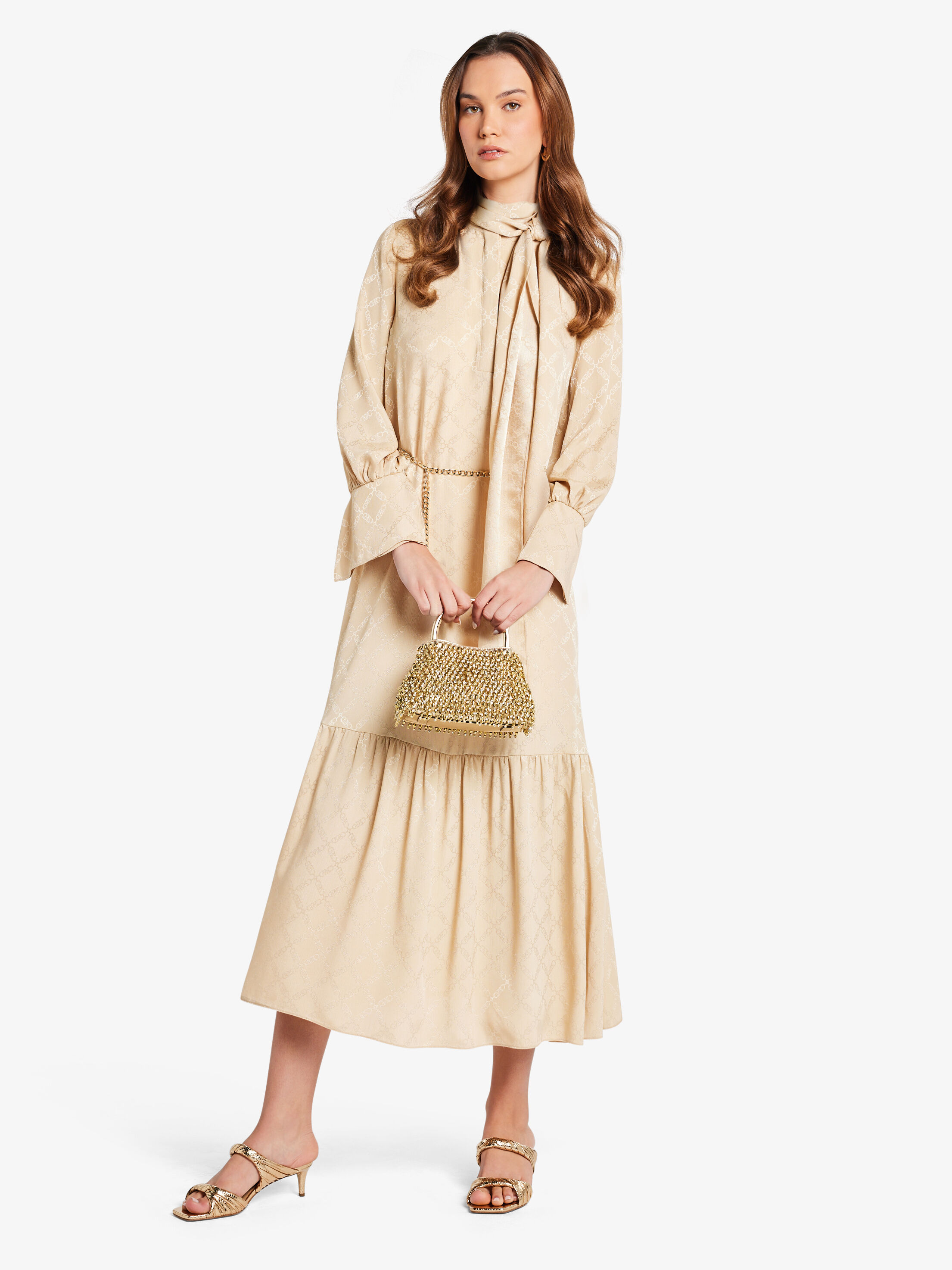 Empire Diamond Satin Jacquard Maxi Dress, BUFF | Michael Kors KWT