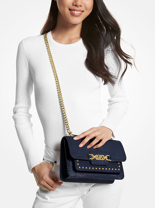 Heather Large Studded Crocodile Embossed Leather Shoulder Bag michael kors heather large studded crocodile embossed leather shoulder bag