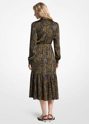 michael kors paisley print satin tie neck midi dress