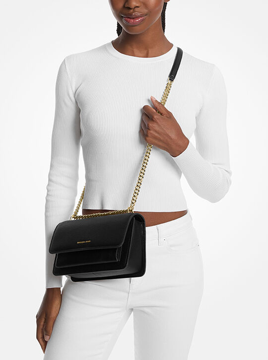 Claire Large Pebbled Leather Convertible Shoulder Bag, BLACK