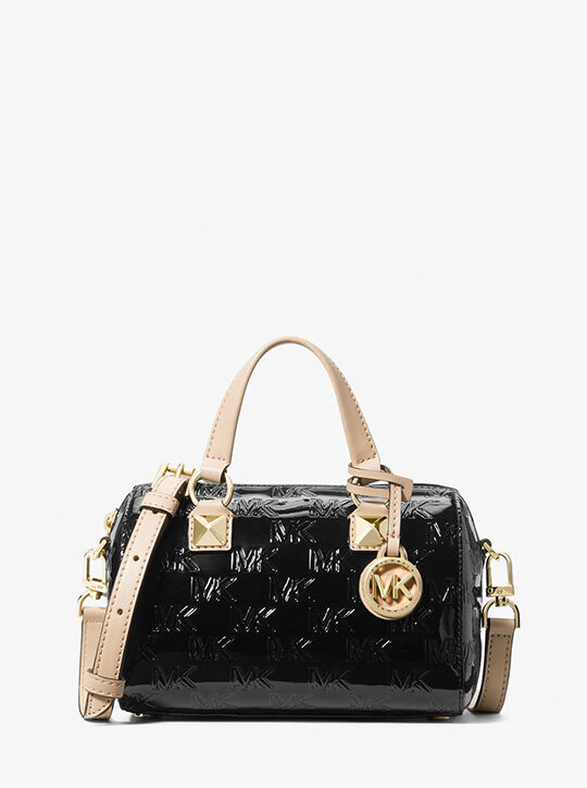 michael kors grayson small logo embossed patent duffel crossbody bag