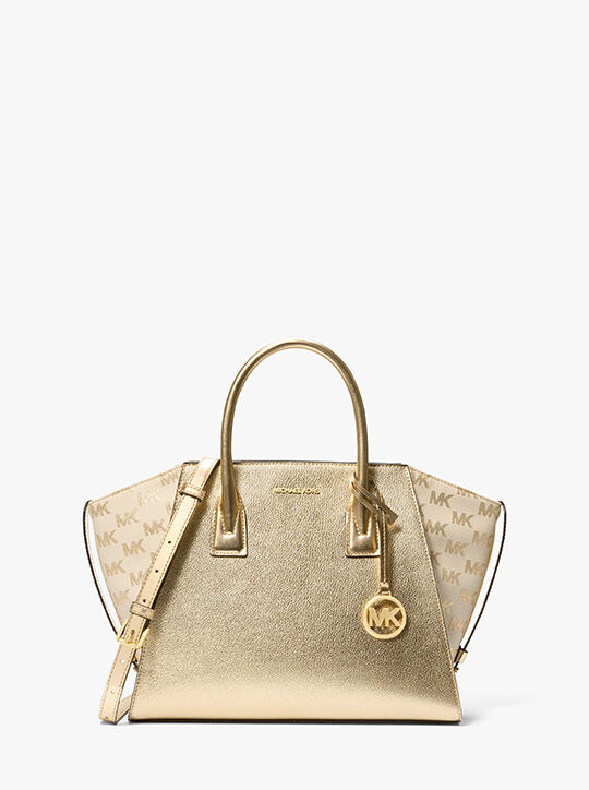 Avril Large Metallic Leather and Logo Jacquard Satchel michael kors avril large metallic leather and logo jacquard satchel
