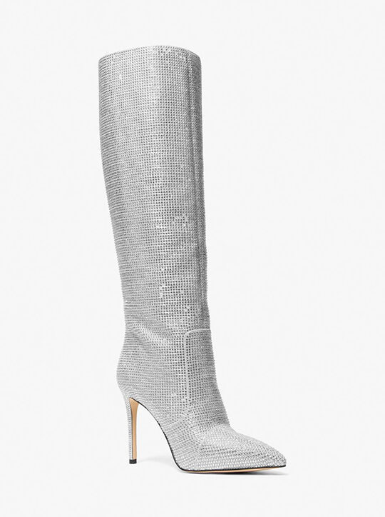 Rue Embellished Glitter Chain-Mesh Knee Boot michael kors rue embellished glitter chain mesh knee boot