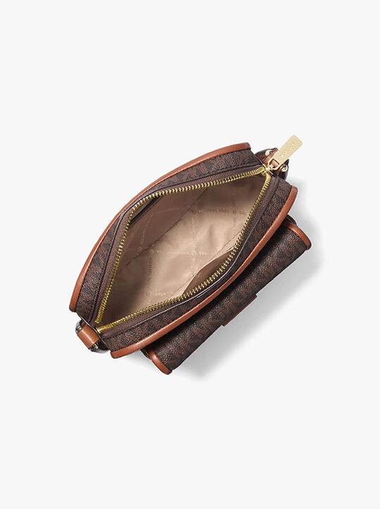 michael kors bradshaw extra small metallic signature logo camera crossbody bag