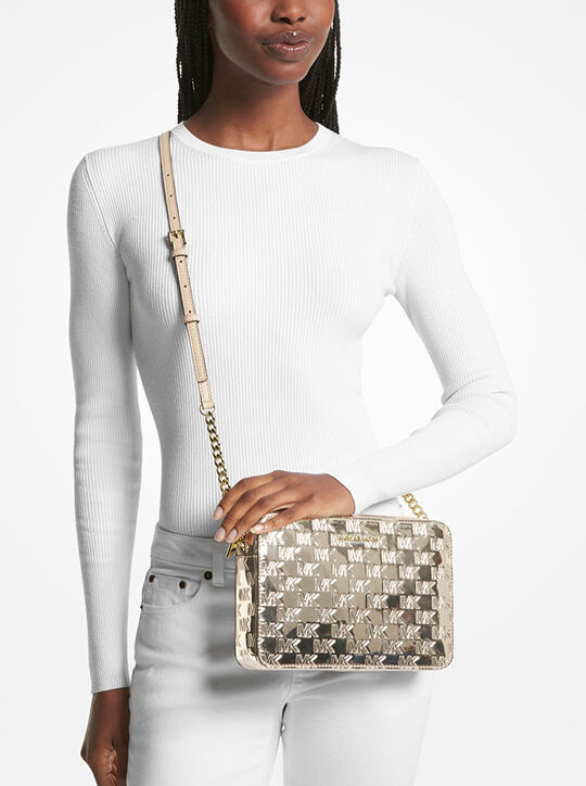 michael kors jet set large logo embossed patent crossbody bag