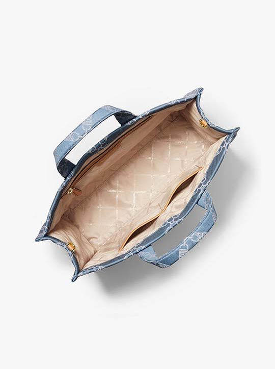 michael kors gigi large empire logo jacquard denim tote bag