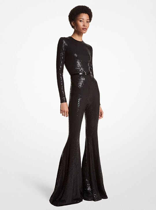 Hand-Embroidered Sequin Stretch Jersey Flared Jumpsuit michael kors hand embroidered sequin stretch jersey flared jumpsuit