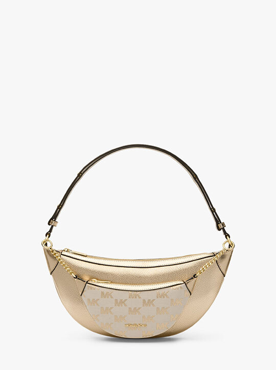 michael kors hollis medium 2 in 1 metallic leather and logo jacquard shoulder bag