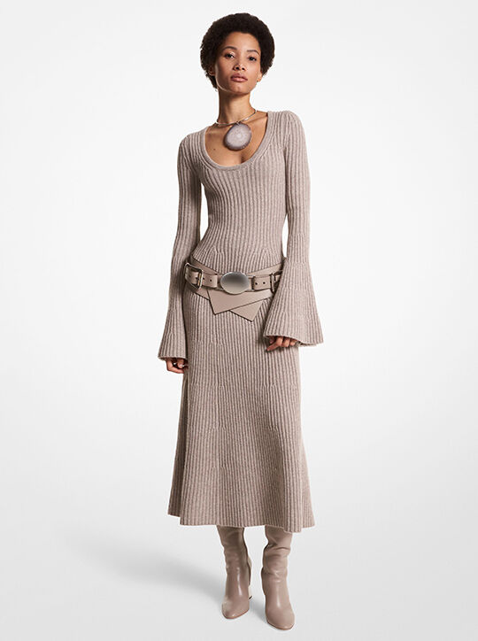 Ribbed Stretch Cashmere Flare-Sleeve Dress michael kors ribbed stretch cashmere flare sleeve dress