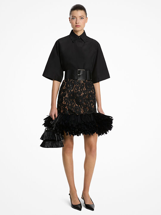 Hand-Embroidered Floral Lace and Fringe Skirt michael kors hand embroidered floral lace and fringe skirt