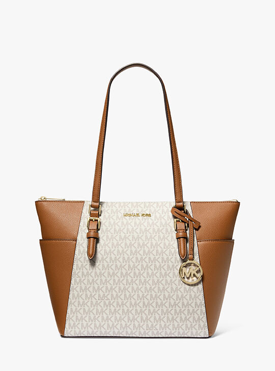 Charlotte Large Logo and Leather Top-Zip Tote Bag, VANILLA