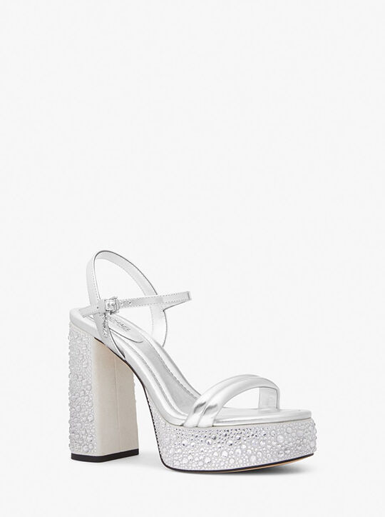 michael kors laci embellished metallic leather platform sandal