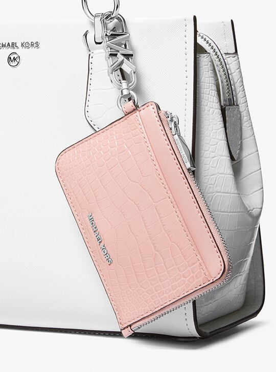 Empire Small Crocodile Embossed Leather Zip Card Case, PINK