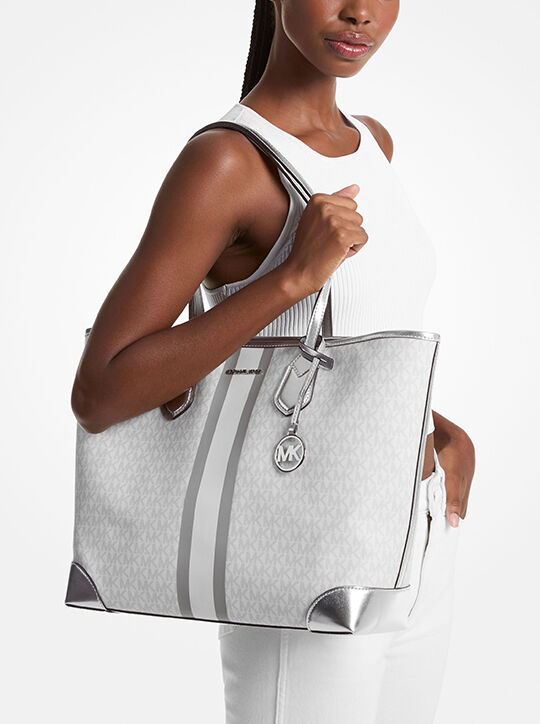 Eva Large Metallic Signature Logo Stripe Tote Bag michael kors eva large metallic signature logo stripe tote bag