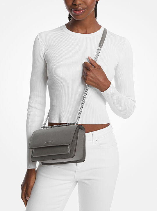Claire Large Pebbled Leather Convertible Shoulder Bag, SLATE