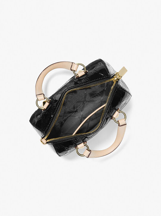 michael kors grayson small logo embossed patent duffel crossbody bag