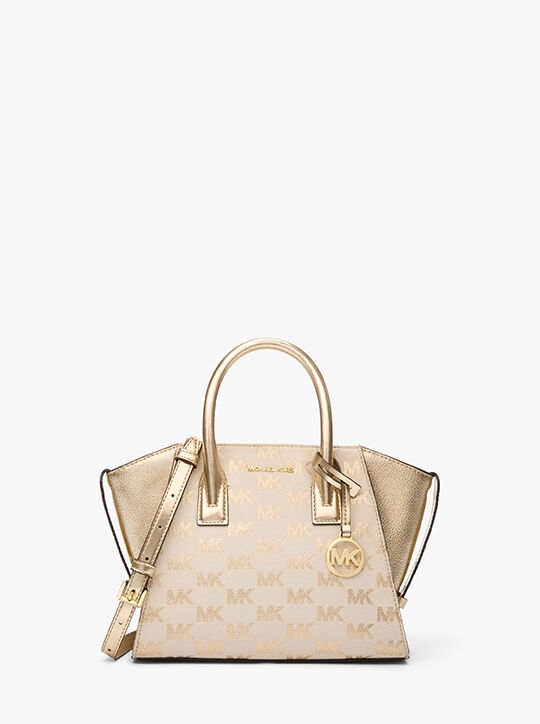 michael kors avril small logo jacquard and metallic leather satchel