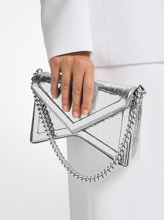 michael kors manhatta metallic crocodile embossed leather shoulder bag