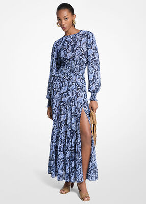 michael kors paisley print smocked georgette maxi dress