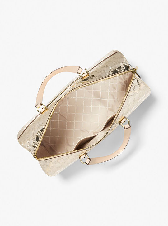 michael kors grayson extra large logo embossed patent weekender bag