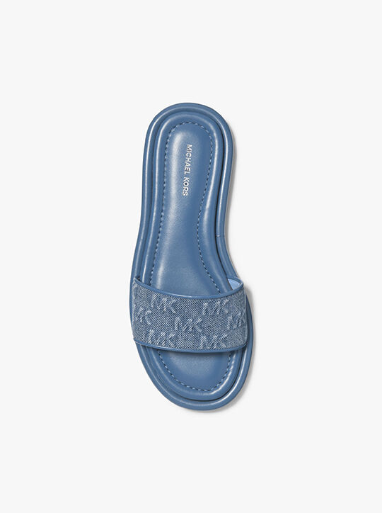 Dana Logo Embossed Denim Slide Sandal michael kors dana logo embossed denim slide sandal